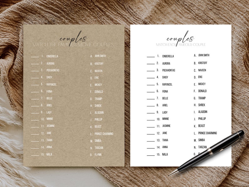 May include: Two printable game cards with a brown and white background. The cards are titled "Couples" and ask players to match famous movie couples. The left card lists female characters and the right card lists male characters.