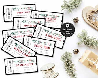 May include: Nine printable Christmas gift voucher templates with a black and white striped border. The vouchers are for a variety of gifts, including a weekend getaway, a movie night, a cooked dinner, a big hug, a foot rub, a wild card, and a game night. The text on the vouchers is in red, green, and black.