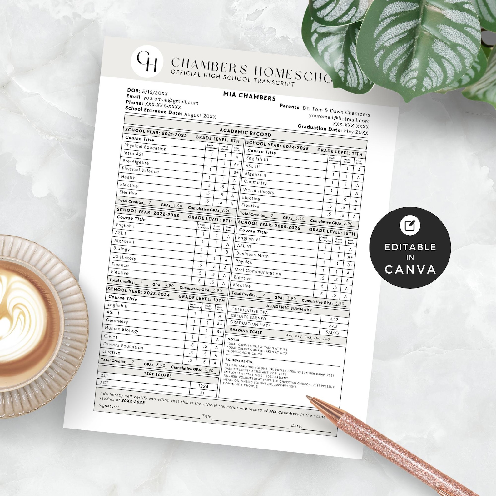 Homeschool Transcript Template: Editable Canva Design for 8th Through ...