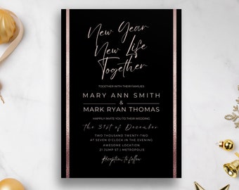 New Year's Eve Wedding Invitation Template with QR Code, Simple Clean Black Rose Gold Editable Invite, Printable Photo Evite Canva   - NYE