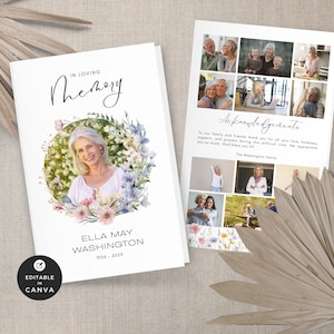Puede incluir: Una tarjeta conmemorativa con una corona de flores que rodea una foto de una mujer. El texto dice "En memoria cariñosa" y "Ella May Washington 1976 - 2023".