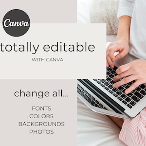 May include: A person using a laptop computer while sitting on a bed. The text on the screen reads "totally editable with Canva change all... fonts colors backgrounds photos".