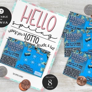 Lotto Realtor | Szablon do zdrapywania loterii do edycji | Zestaw 8 uchwytów na losy loterii w kratkę | Wydrukuj wiosenny lotto Pop By Tag | Canva