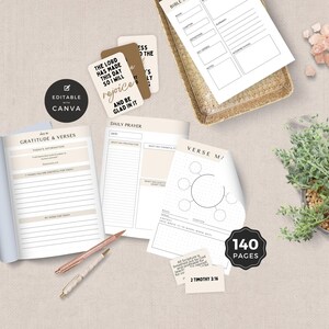 May include: A set of printable planner pages with a brown and white color scheme. The pages include sections for daily prayer, gratitude, and verse mapping. The pages are designed to help users focus on their faith and spirituality.