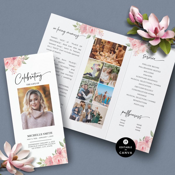 Celebration Of Life Funeral Program Canva Template, Tri Fold Memorial Program with Watercolor Roses, Printable Trifold Obituary Template-F05