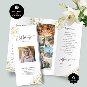 May include: A tri-fold memorial program featuring a woman's photo, floral decorations, and the text "Celebrating the Life of Michelle Smith." Contains service details, a pallbearer section, and Canva editing instructions.