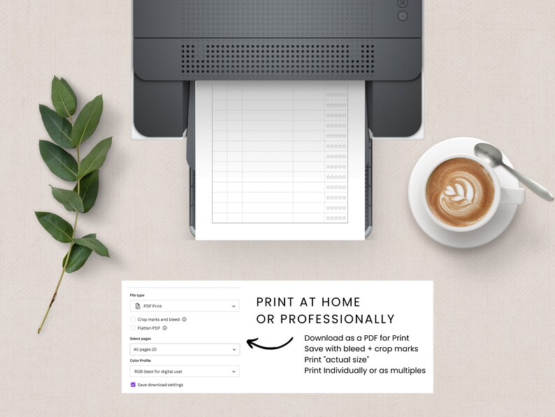 Op de afbeelding: Een printer met een vel papier in de lade. Het papier heeft een rasterpatroon. De tekst op het scherm luidt "THUIS OF PROFESSIONEEL PRINTEN. Downloaden als PDF om te printen. Opslaan met bleed + crop marks. Print "werkelijke grootte". Individueel of als meerdere exemplaren printen."