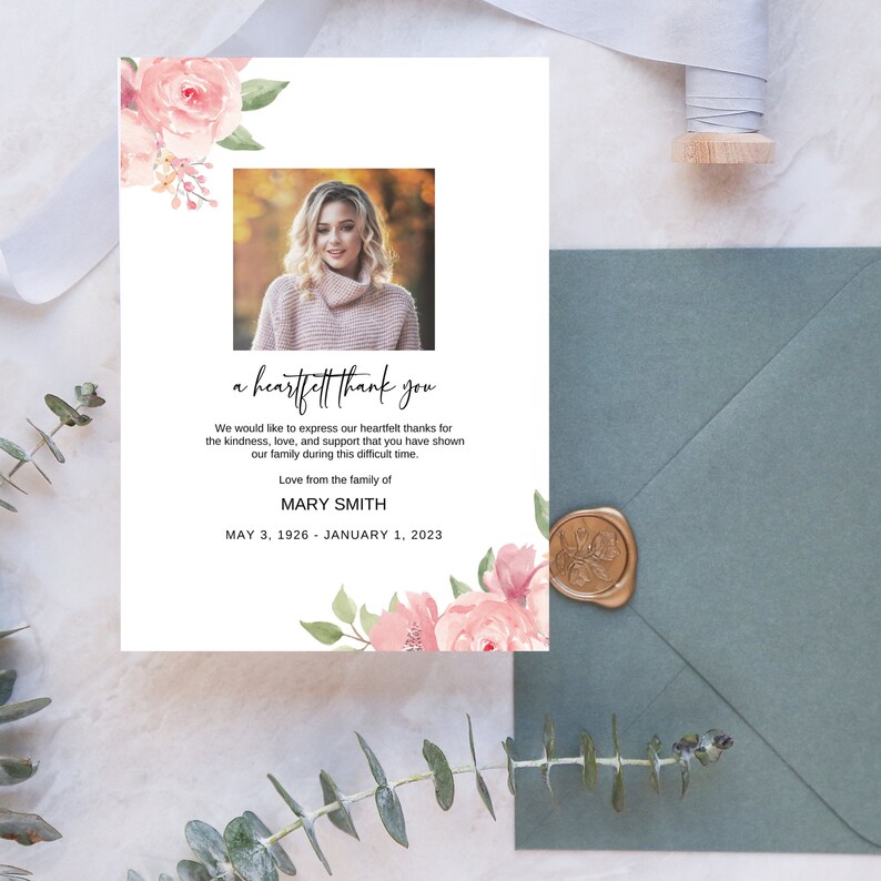 Watercolor Roses Funeral Thank You Card Canva Template, Editable and ...