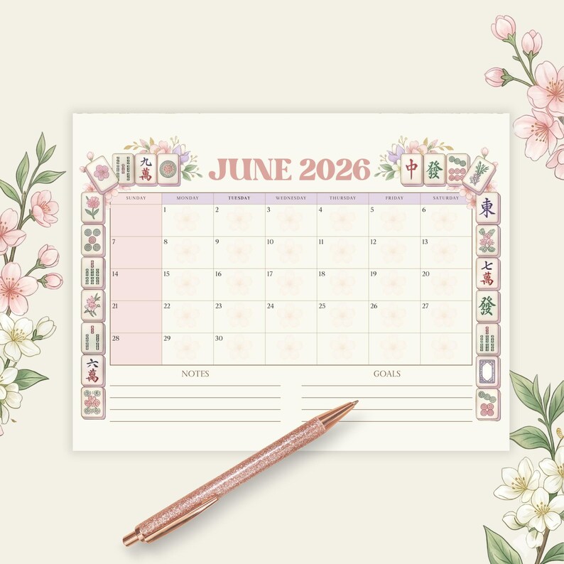 June 2026 Mahjong Calendar Template | One Page Printable | Editable ...