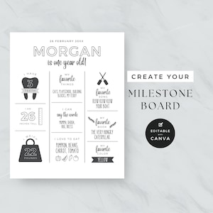 Milestone Board, Baby Stat Poster, 1st Birthday Photo Collage Sign, Canva Template, Printable Modern Monthly Milestone Decor, One Year Of