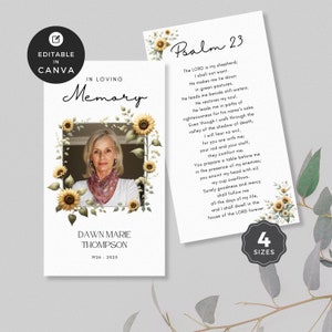 Cartão de oração para funeral Canva, modelo editável de lembrança memorial, poema de obituário de foto católica para impressão, em memória amorosa, girassóis-F11