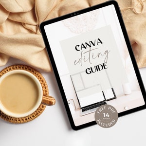 May include: A digital tablet displaying a Canva editing guide with the text "CANVA editing GUIDE" and a free PDF download button with the text "FREE PDF 14 PAGES INCLUDED".