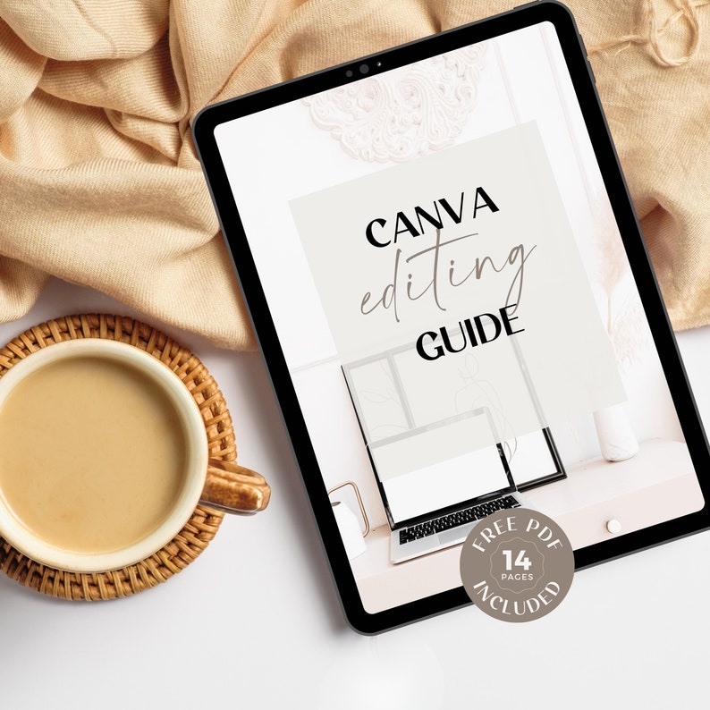May include: A digital tablet displaying a Canva editing guide with the text "CANVA editing GUIDE" and a free PDF download button with the text "FREE PDF 14 PAGES INCLUDED".