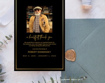 Tarjeta fotográfica de agradecimiento por un funeral: Celebración de la vida, nota de condolencia (plantilla de Canva, descarga instantánea)