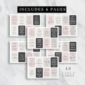 May include: Set of 48 inspirational cards with pink and gray backgrounds. The cards feature positive affirmations and bible verses. Each card measures 2.5 x 3.5 inches.