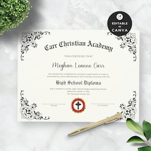 Home School Diploma With Seal, Christian Graduation Canva Template, High School Diploma For Homeschool Printable PDF, Editable Certificate