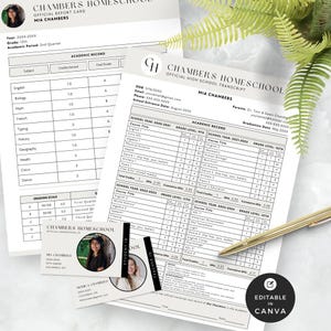 Transcripción de educación en casa en Canva, boleta de calificaciones de secundaria imprimible y editable, progreso de primaria, credencial de identificación para maestro y estudiante, paquete