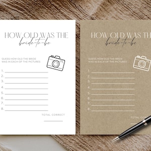 Modello Canva per giochi di nozze, gioco per addio al nubilato Quanti anni aveva la sposa e lo sposo, attività per feste modificabili e stampabili, cerimonia del tavolo del ricevimento
