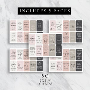 May include: Fifty 2x3.5 inch cards with inspirational quotes and phrases on a pink and gray background. The cards feature a variety of religious themes, including faith, love, hope, and peace.