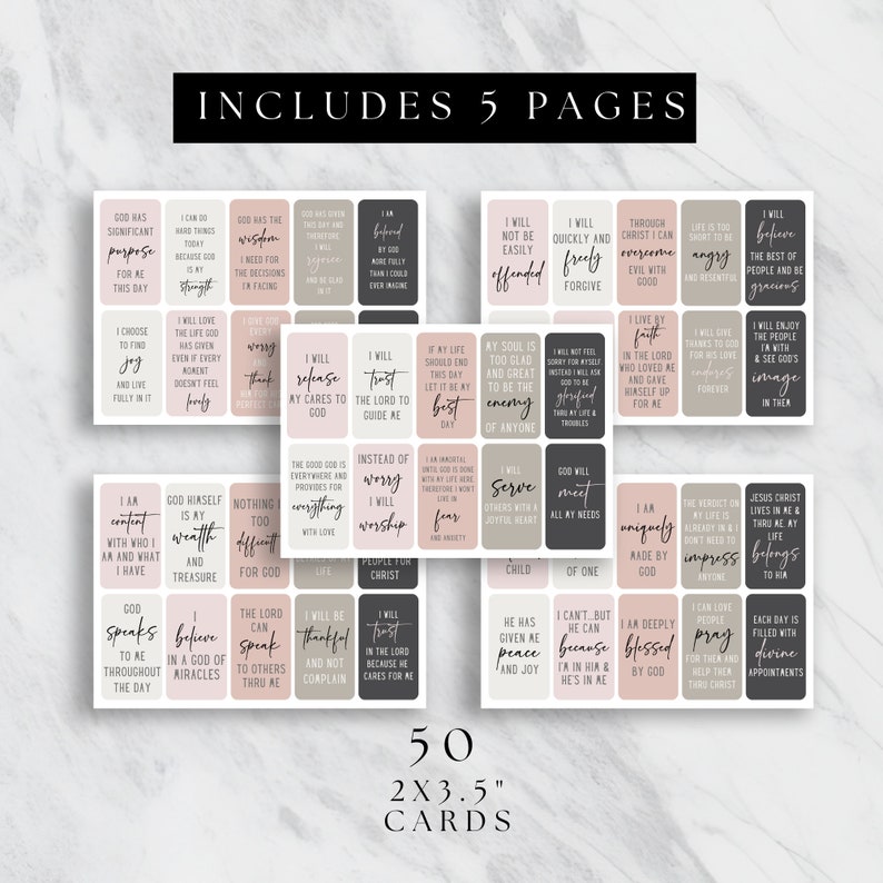 May include: Fifty 2x3.5 inch cards with inspirational quotes and phrases on a pink and gray background. The cards feature a variety of religious themes, including faith, love, hope, and peace.