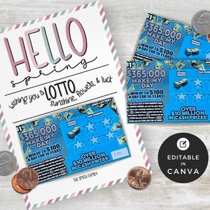Lotto Realtor | Edytowalny szablon zdrapki loterii | Uchwyt na losy loterii Blush and Sage | Wydrukuj wiosenny lotto Pop By Tag | Canva