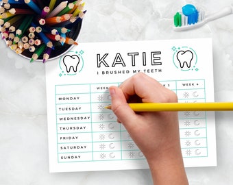 Tabella per la pulizia dei denti dei bambini: elenco di controllo per la routine dei denti (modello Canva, download immediato)