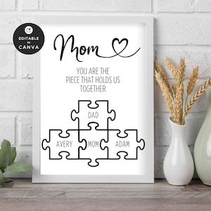 Mothers Day Puzzle Printable Template | Custom Mom Sign | You Are The Piece That Holds Us Together | Gift For Her | Canva Template
