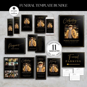 In Loving Memory Suite, Black & Gold Memorial Package, Funeral Stationery Set, Canva Bundle Template, Celebration Of Life Package - F03