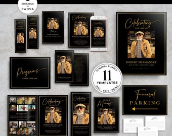 In Loving Memory Suite, Black & Gold Memorial Package, Funeral Stationery Set, Canva Bundle Template, Celebration Of Life Package - F03