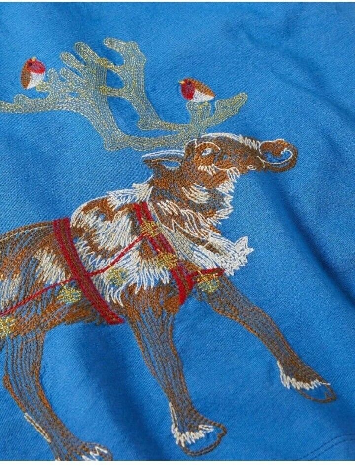 MINI BODEN girls Superstitch Front Back CHRISTMAS dress Elizabethan Blue Sleigh brand New