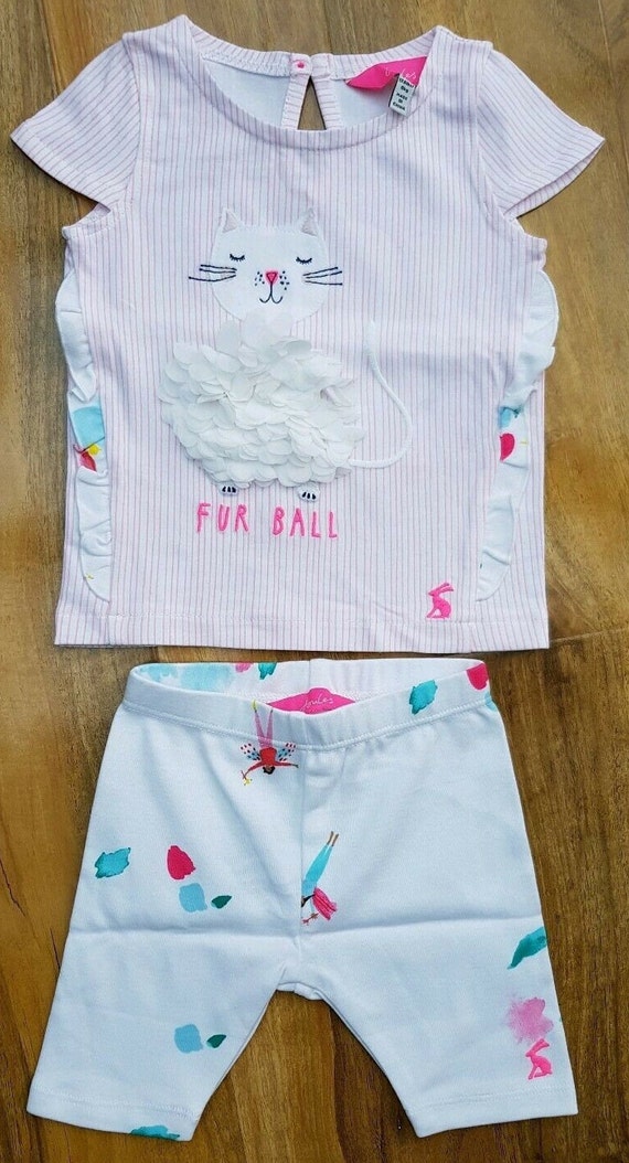 JOULES Baby Girls Fur Ball Top and Leggings Set Paula Jersey Stripe Cat  Brand New 