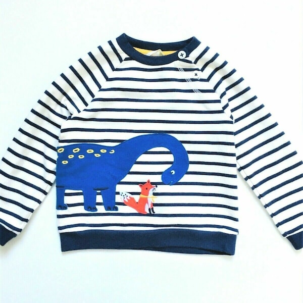 John Lewis baby Boys Jumper Blue White Striped Dinosaur & Fox APPLIQUESWEATER BRAND NEW