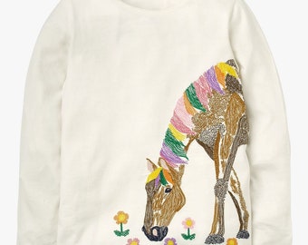 Mini Boden Girls Kids' Super-Stitch Animal long sleeve T-Shirt, Ivory BRAND NEW G2261