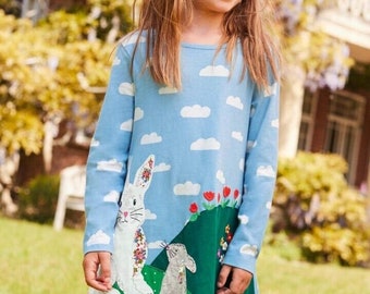Mini Boden Girls Easter Spring Ice Blue Bunny Large Appliqué Jersey Dress BRAND NEW G2207