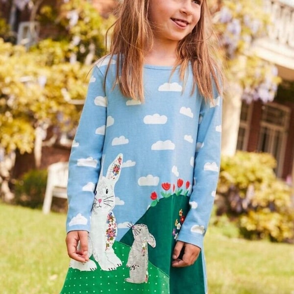 Mini Boden Girls Ice Blue Bunny Large Appliqué Jersey Dress BRAND NEW G2207