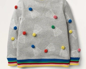 Mini Boden Girls POM POM Cosy Badminton Sweatshirt Grey Jumper Brand New G2228