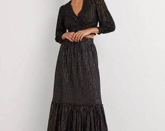 Boden Cotton Metallic Maxi Skirt Navy Crinkle Lurex R0235 Uk 8 New Sample S1