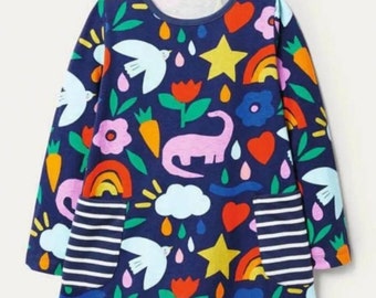 MINI BODEN girls Jersey DINO Printed Tunic Dress With Pockets navy brand new