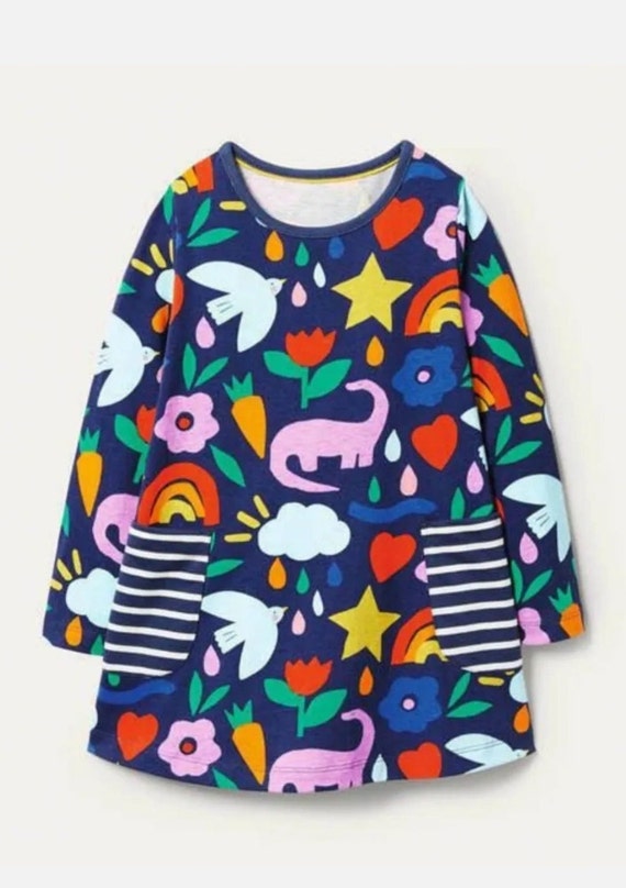MINI BODEN Girls Jersey DINO Printed Tunic Dress With Pockets Navy