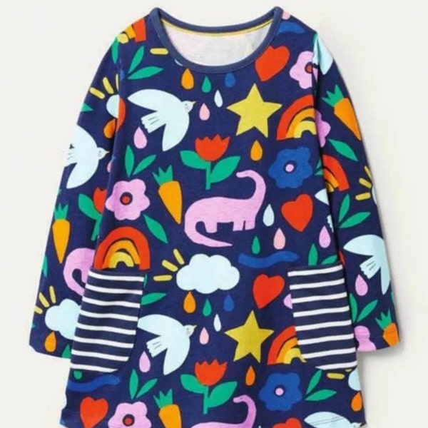 MINI BODEN girls Jersey DINO Printed Tunic Dress With Pockets navy brand new