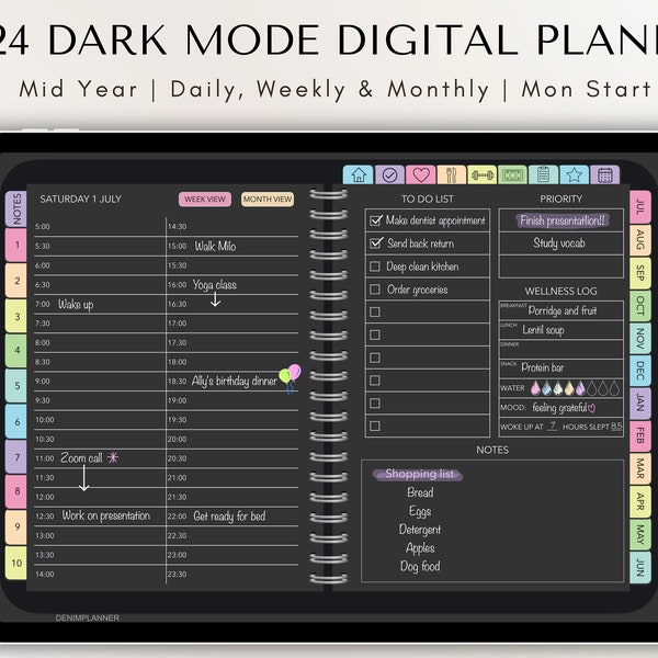 2023 / 2024 Dark Mode Digital Planner, Mid Year, GoodNotes Planner, iPad Planner, Notability Planner, Premium Daily Planner, Weekly Planner