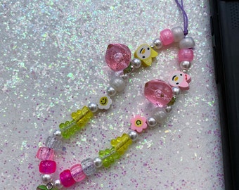 Peach Pendant Pink and Pearl Beaded Phone Charm Strap