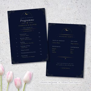 Puede incluir: Dos tarjetas de programa de ceremonia de boda en azul marino oscuro con detalles en lámina de oro. El texto incluye Order of Ceremony, Programme, Isabella & Oliver, Friday, 15 September 2026, Wedding Party y una cita de Anonymous.