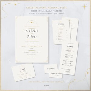 May include: A five-piece celestial ivory wedding stationery suite featuring an invitation, RSVP card, ceremony program, menu, and place cards. The set displays gold foil-style celestial motifs, including moons and stars, on a cream background.