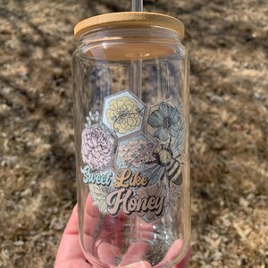 Bee Glass Libbey cup,  Sweet Like Honey Glass Can, 16 0z Glass Cup, Bee Clear Glass cup with straw