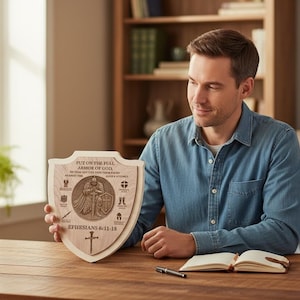 May include: Wooden shield with the text "PUT ON THE FULL ARMOR OF GOD" and "EPHESIANS 6:11-18". The shield has a central emblem of a knight and various symbols. The shield is held by a person wearing a denim shirt. A coffee mug and open notebook are on the table.