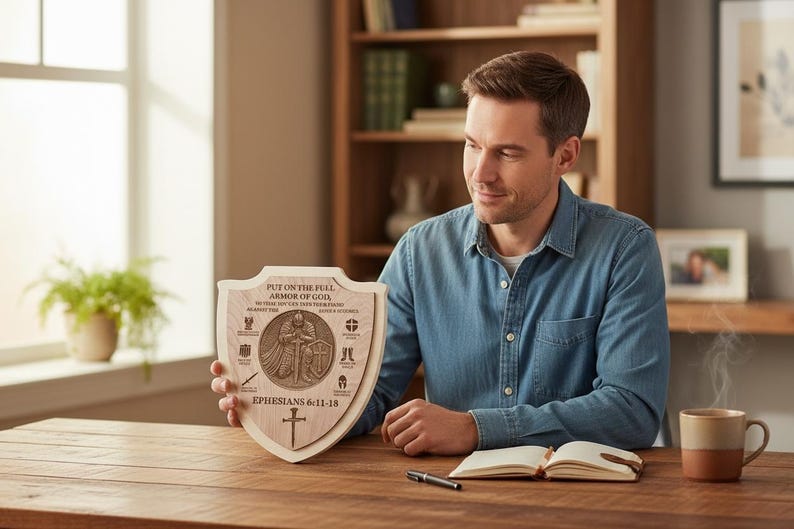 May include: Wooden shield with the text "PUT ON THE FULL ARMOR OF GOD" and "EPHESIANS 6:11-18". The shield has a central emblem of a knight and various symbols. The shield is held by a person wearing a denim shirt. A coffee mug and open notebook are on the table.