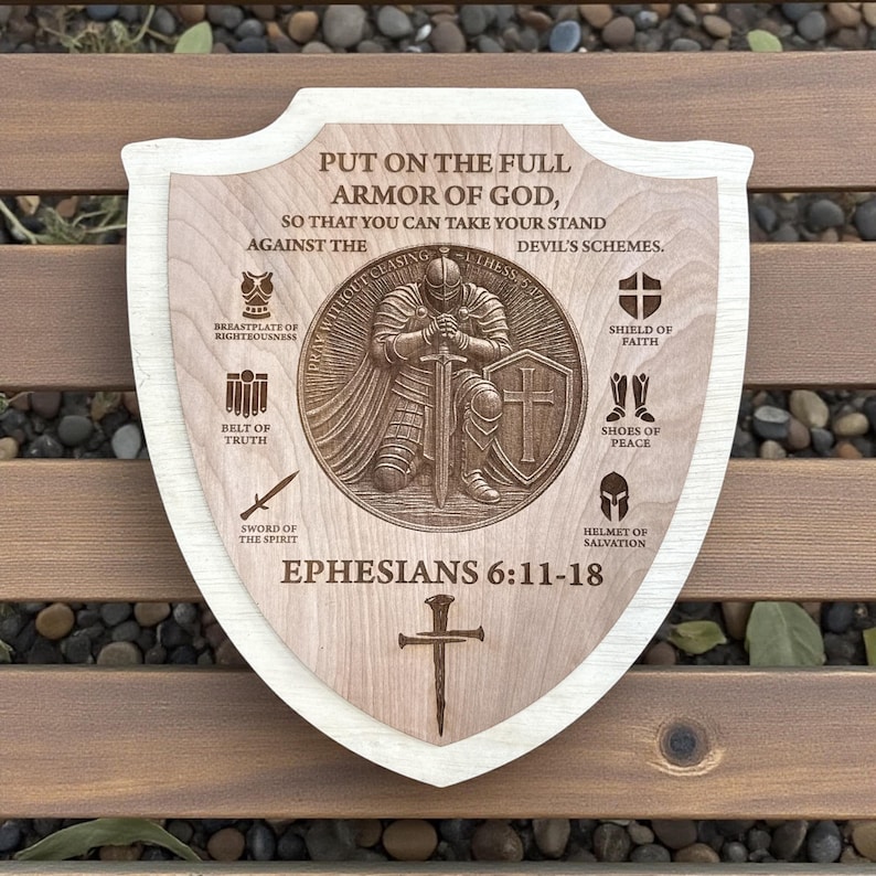 May include: Wooden shield-shaped plaque with a light wood border. The plaque features engraved text and illustrations of armor, including a helmet, shield, and sword. The text reads "PUT ON THE FULL ARMOR OF GOD" and "EPHESIANS 6:11-18".