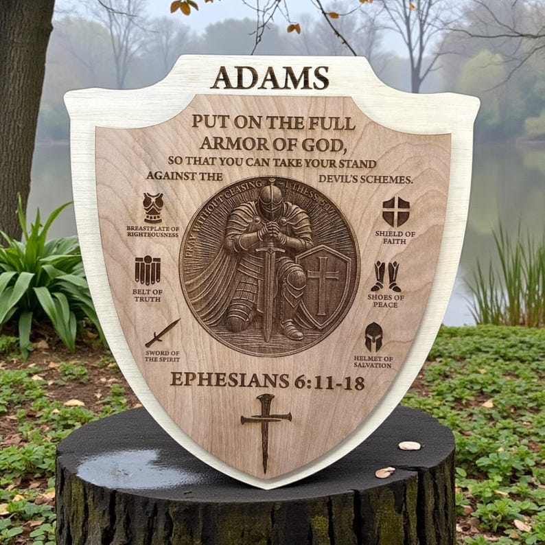 May include: Wooden shield-shaped plaque with the name "ADAMS" at the top. The plaque features a central design of a kneeling knight, surrounded by text from Ephesians 6:11-18 and other religious symbols. The plaque is displayed outdoors.