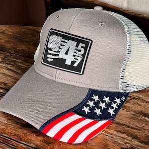 Trump 45-47 Patriotic Hat – American Flag Trucker Cap – Embroidered USA Mesh Cap – MAGA Gift for Conservatives